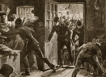 Enfrentamiento en Ennis entre miembros de la National League y la policía, 1886, ilustración de «Cassell