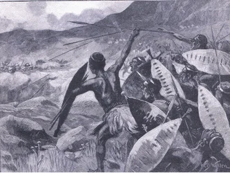 Lucha en las colinas de Matoppo: carga de los Matabele, ilustración de la Historia de Inglaterra de Cassell, 1900s