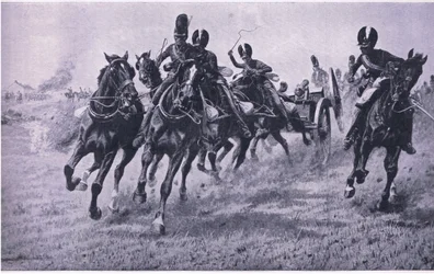 Cañones al frente: Waterloo, 18 de junio de 1815, ilustración de Batallas Británicas en Tierra y Mar, 1915