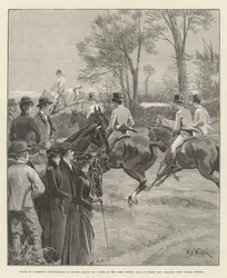 Carrera de obstáculos de la Cámara de los Comunes en Rugby, 29 de marzo, carrera en la primera valla, el Sr. A E Pease, MP, liderando con Norah Creina