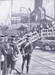 Tropas japonesas embarcando en Kobe, ilustración de la Historia de la Guerra Ruso-Japonesa de Cassell Vol 1, c.1900