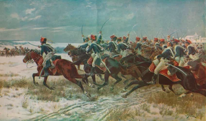 La carga de los 10º Húsares en Benevente, Campaña de Corunna, 1809, c. 1915-1928