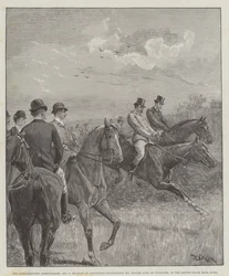 La Carrera de Obstáculos Parlamentaria, el Sr. F Mildmay en Discretion alcanzando al Sr. Walter Long en Crusader, en la Segunda Valla desde Casa