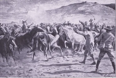 La captura de los caballos en el distrito de Brandwater cerca de Fouriesburg: reuniendo la manada, ilustración de Después de Pretoria: La Guerra de Guerrillas, 1902