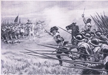 La carga de la infantería realista en Naseby, junio de 1645, ilustración de British Battles on Land and Sea, 1915