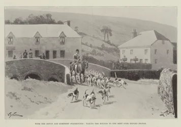 Con los sabuesos de Devon y Somerset, llevando a los sabuesos al encuentro sobre el puente de Exford