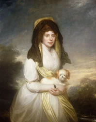 Retrato de la Reina Carlota, tres cuartos de longitud, con un vestido blanco, un chal amarillo y una mantilla negra, sosteniendo un perro maltés, en los jardines de Frogmore House