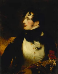 Retrato de un oficial naval, medio cuerpo, en uniforme, llevando una espada de presentación y usando la insignia de un C.B.
