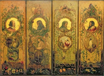 Una pantalla de cuatro hojas con retratos de Shakespeare, Milton, Chaucer y Spenser