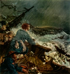Grace Darling y su padre salvando a la tripulación naufragada, 8 de septiembre de 1838