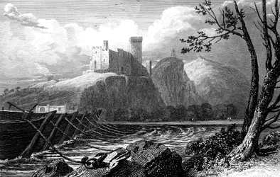 El Castillo de Beaucaire y un puente de barcos sobre el Ródano, Francia, 1824