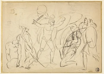 Combate clásico (recto); Boceto de desnudo masculino (verso)