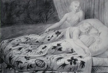 Har y Heva dormidos con Mnetha vigilándolos, ilustración de 