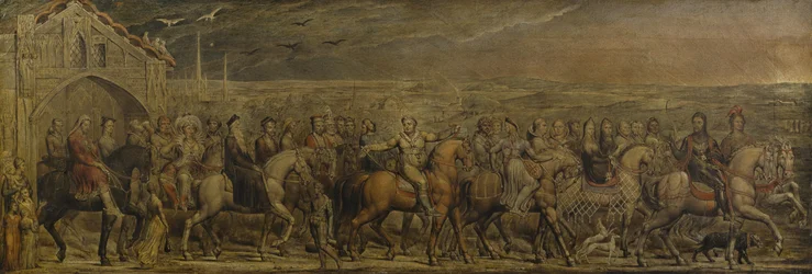 Sir Jeffrey Chaucer (c.1342-1400) y los Nueve y Veinte Peregrinos en su Viaje a Canterbury (temple sobre lienzo)