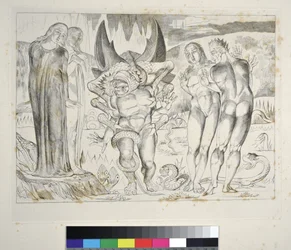 El Círculo de los Ladrones: Agnolo Brunelleschi atacado por una serpiente de seis patas. Infierno, Canto XXV, ilustración de la 