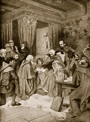 Robert Bruce Otorgando una Carta, 1329, ilustración de 