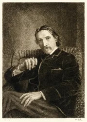 Robert Louis Stevenson (1850-1894) autor británico mejor conocido por sus libros más vendidos La isla del tesoro, Secuestrado y El extraño caso del Dr. Jekyll y Mr. Hyde. Ilustración de William Brassey Hole