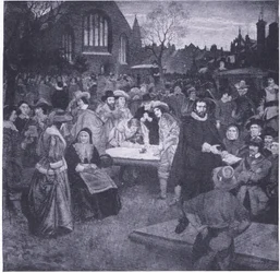 Firma del National Covenant en el cementerio de Greyfriars en 1638, de Cassells History of the British People, publicado por la Waverley Book Company Limited, hacia 1940
