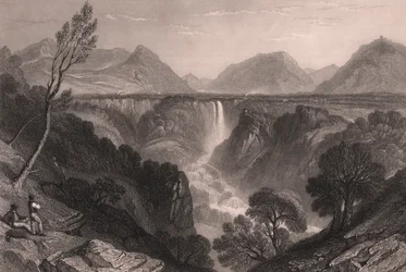Vista de la Cascada de las Marmore (Cascata delle Marmore) cerca de Terni, Umbría, Italia, grabado en acero de James Tibbitts Willmore (1800-1863) sobre dibujo de William Brockedon (1787-1854), 23x18,5 cm aproximadamente.