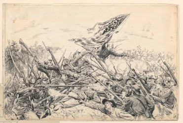 Dibujo, el cuerpo de Hancock asalta las fortificaciones en el "Bloody Angle", 1887
