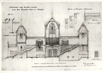 Detalles de Entradas, Escaleras, Puerta de la Cámara de la Caldera y Barandillas, (New Big School), Rugby School, 1844 (tinta negra, lápiz y acuarela)