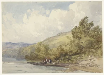 Paisaje montañoso con un lago y un barco con dos figuras