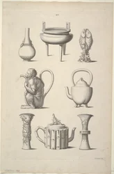 Diseños para vajilla, Placa XV de Diseños de edificios chinos, muebles, vestidos, máquinas y utensilios