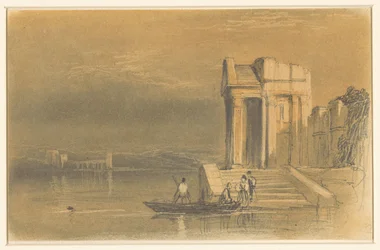 Ruinas de un templo sobre un lago en un paisaje italiano