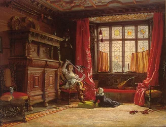 Un caballero en un interior oscuro, un pájaro en su espada, 1843