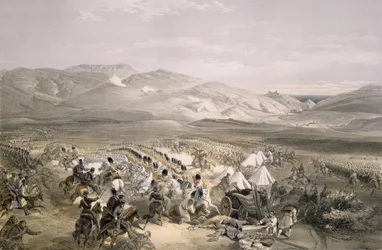 Carga de la Brigada de Caballería Pesada en la Batalla de Balaclava el 25 de octubre de 1854, grabado por E. Walker, pub. 1855