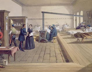 Hospital en Scutari, detalle de Florence Nightingale (1820-1910) en la sala, de The Seat of War in the East, pub. por Paul & Dominic Colnaghi & Co., 1856 (detalle)