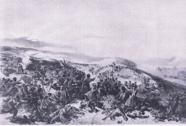 Segunda carga de los Guardias, cuando retomaron las dos baterías de cañones en la batalla de Inkerman, ilustración de British Battles on Land and Sea, 1915
