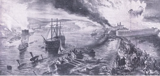 La caída de Sebastopol y la retirada de los rusos, 8 de septiembre de 1855, ilustración de British Battles on Land and Sea, 1915