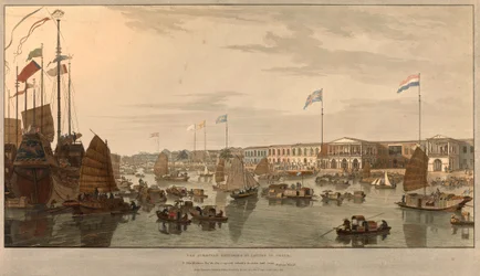 Puestos comerciales europeos (Compañías de las Indias Orientales) en Cantón, China. Dibujado y grabado por William Daniell (1769-1837) 1805