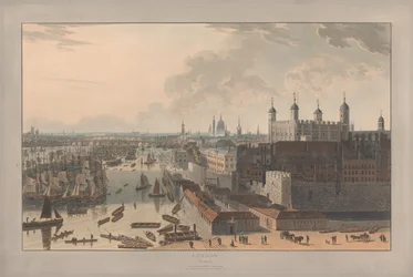 Lámina II: Londres, el Pool y la Torre (de Seis vistas de Londres de William Daniell; orilla del Támesis)