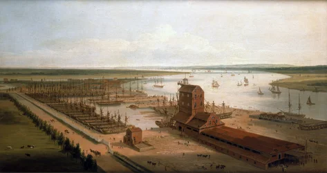 Los astilleros Perry (entonces Green) en los muelles de Brunswick y el Blackwall Building, una fábrica de mástiles, a lo largo del Támesis (Inglaterra)