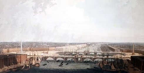 Vista de Londres con las Mejoras de su Puerto y el Puente de Londres Doble. Presentado al Comité Selecto de la Cámara de los Comunes por William Daniel