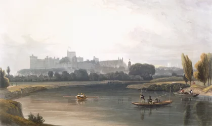 Castillo de Windsor desde el Río Támesis: una vista oeste, y pesca desde botes, c. 1827-30