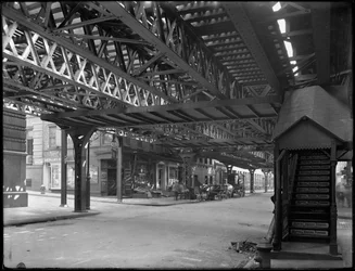 Bajo las vías elevadas del tren en la esquina de Greenwich Street y Rector Street, Ciudad de Nueva York, 1 de agosto de 1914