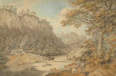 Una escena en Derbyshire; obras industriales que atraviesan un río