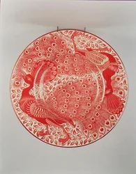Plato de exhibición de lustre rubí y oro decorado con dos pavos reales, pintado por Charles Passenger, hacia 1890