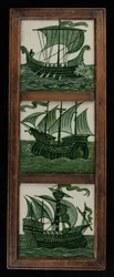 Panel de azulejos de barcos a toda vela, en marco, c.1865-80 (cerámica)