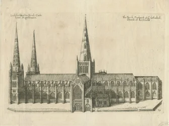 Catedral de Lichfield - Vista Sur: grabado en placa de cobre, nd [?mediados del siglo XVII]