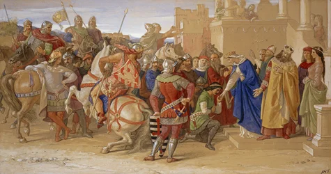 Los Caballeros de la Mesa Redonda a punto de partir en busca del Santo Grial, 1849