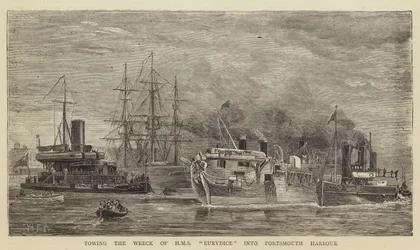 Remolcando el naufragio del HMS Eurydice al puerto de Portsmouth