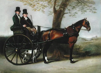 Dos caballeros en un coche tirado por un caballo bayo camino a cazar con su pointer