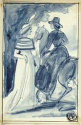 Dos mujeres (una a caballo) con vestido de finales del siglo XVIII