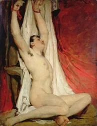 Desnudo masculino, con los brazos estirados hacia arriba
