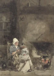 Una mujer y un niño junto a una chimenea, 1842