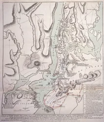 Plano de la Isla de Nueva York con Parte de Long Island, Staten Island y Este de Nueva Jersey y el Compromiso en las Alturas Boscosas de Long Island entre las Fuerzas Británicas, bajo el mando del General Sir William Howe